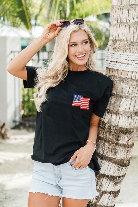 Black American Flag Embroidered Round Neck T Shirt