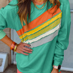 Mint Green Rainbow Colorblock Striped Pullover Sweatshirt