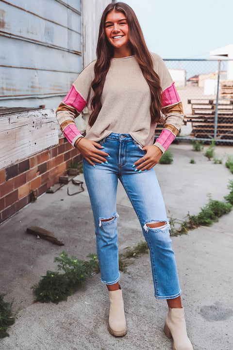 Simply Taupe Colorblock Exposed Seam Round Neck Sweater