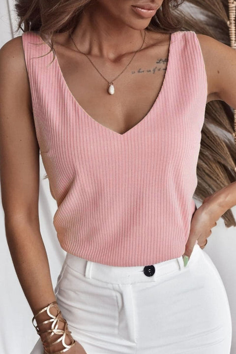 Light Pink V Neck Rib Textured Tank Top