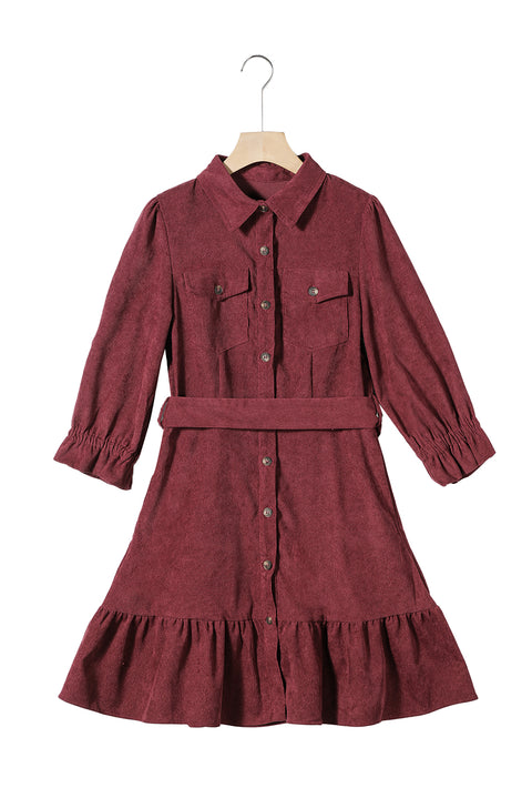 Red Dahlia Collared Buttons Front Ruffled Hem Shirt Corduroy Dress