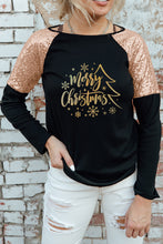 Black Shiny Merry Christmas Graphic Sequin Patch Top