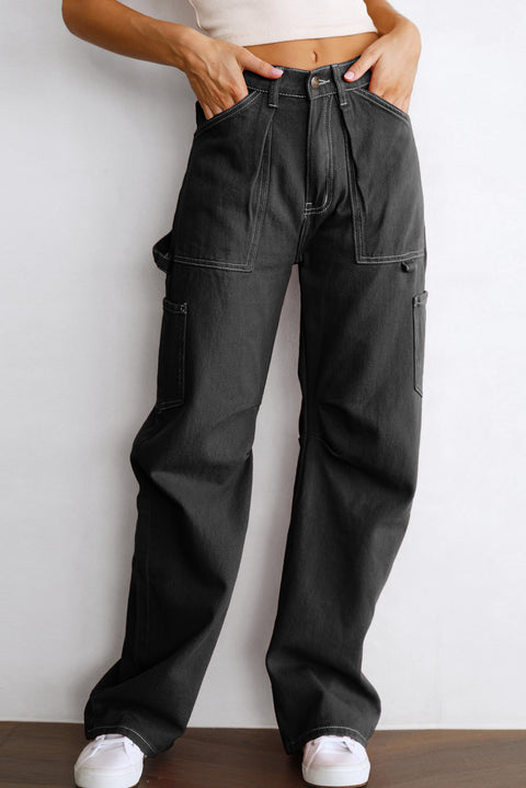 High Waist Straight Leg Cargo Pants with Pockets