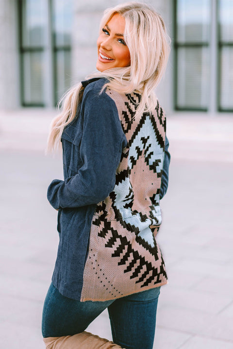 Blue Corduroy Cinched Aztec Back Jacket