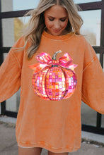 Orange Bow Pumpkin Graphic Crewneck Corded Thanksgiving Sweatshirt