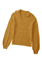 Khaki Hollowed Pattern Knit V Neck Collared Sweater