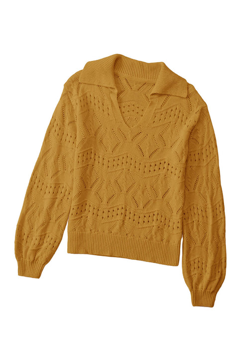 Khaki Hollowed Pattern Knit V Neck Collared Sweater