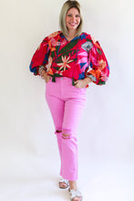 Rose Blooming Flower Print Ruffled Puff Sleeve Blouse