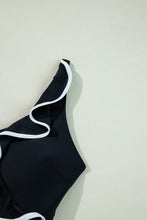 Black Color Contrast Ruffled Wrap V Neck Swimsuit