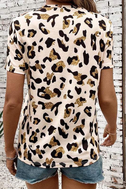 Apricot Leopard Print Round Neck Casual T Shirt