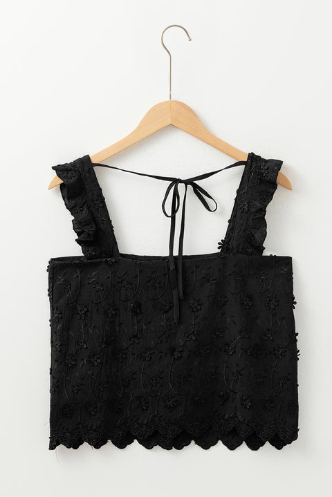 Black Floral Embroidered Buttoned Square Neck Tank Top