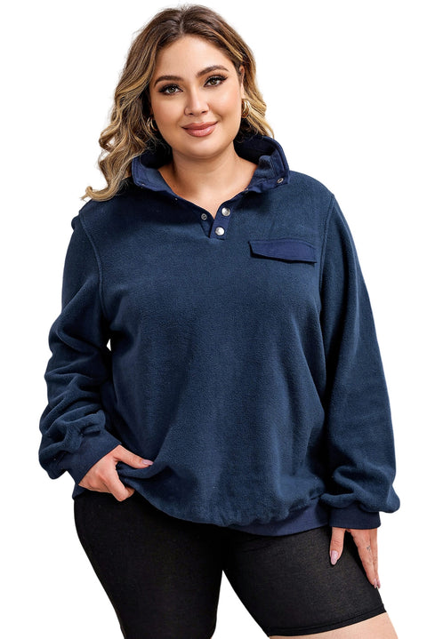 Blue Snap Buttons Pullover Plus Size Fleece Sweatshirt