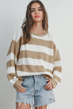 Light French Beige Colorblock Striped Drop Shoulder Side Slit Sweater