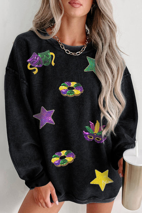 Black Sequin Star Doughnut Mask Graphic Mardi Gras Ribbed Sweatshirt