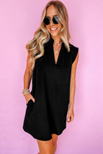 Black Solid Color Collared Slit Neck Sleeveless Mini Dress