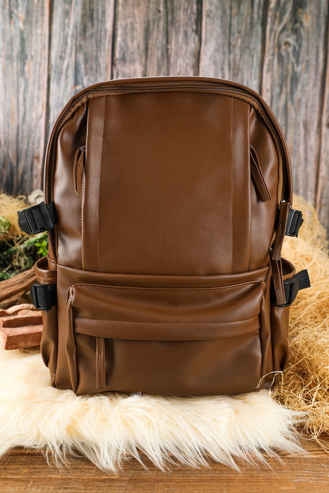 Chestnut Faux Leather Zipped Large Capacity Backpack