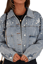 Sky Blue Distressed Pearls Star Cropped Denim Jacket