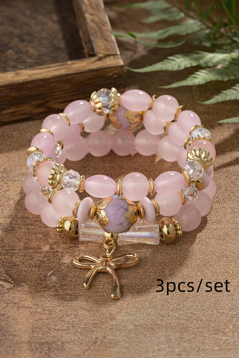 Pink 3pcs Bowknot Pendant Beaded Bracelet