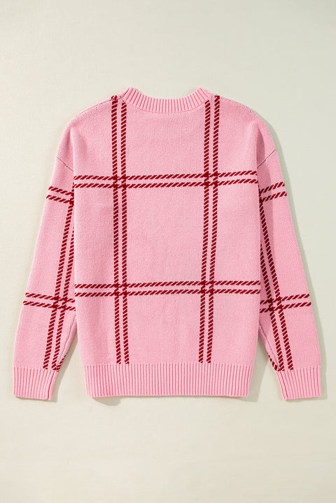 Pink Plaid Pattern Knitted Drop Shoulder Sweater