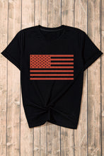 Black Glitter American Flag Round Neck Graphic T Shirt