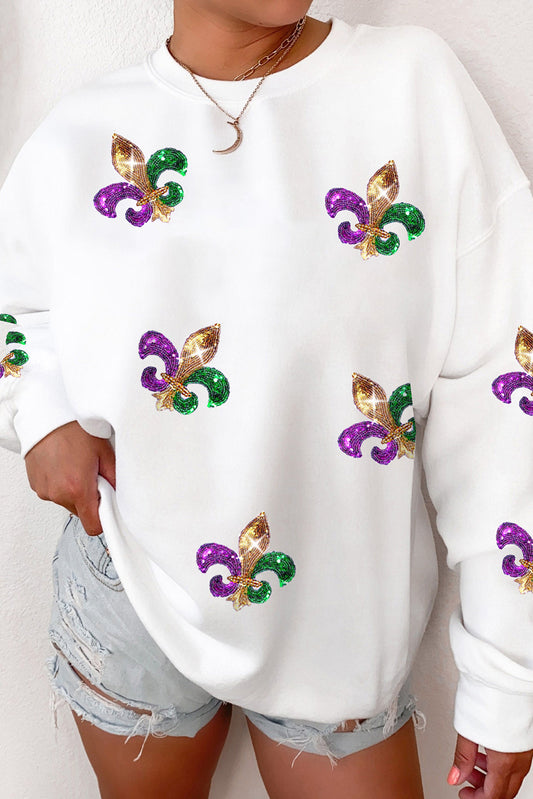 White Sequin Carnival Graphic Pullover Sweatshirt