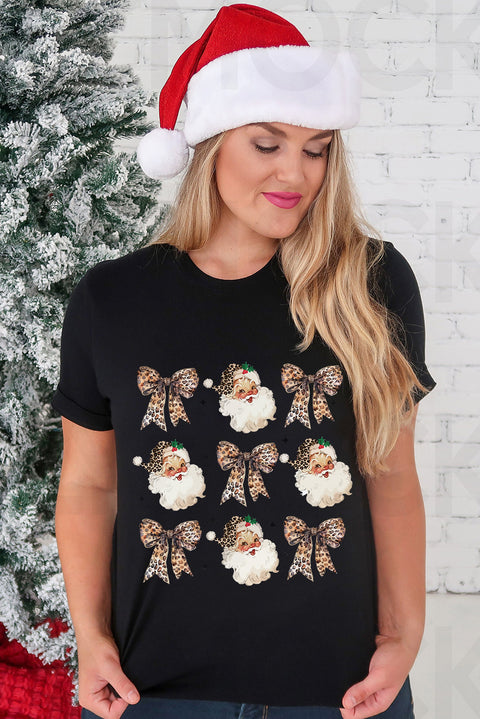 Black Santa Claus Leopard Bow Print Crew Neck Casual T Shirt