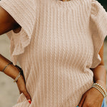 Beige Solid Color Textured Flutter Sleeve Top