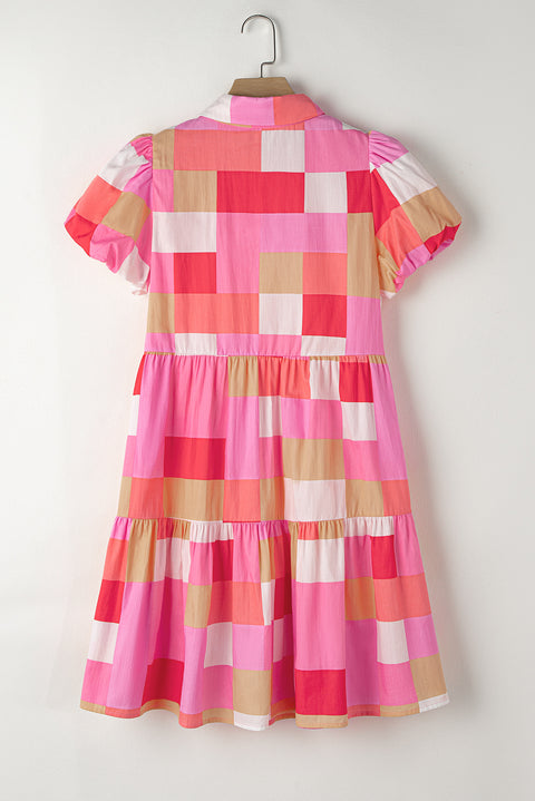 Pink Plaid Print Puff Sleeve Buttoned Tiered Dress