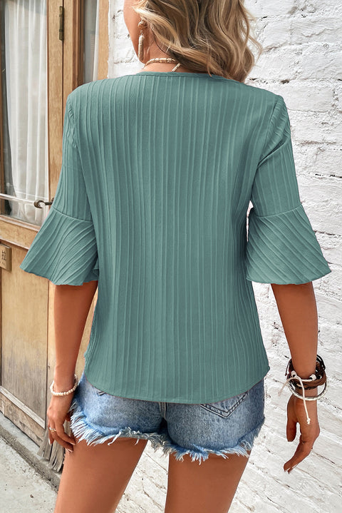 Grass Green Ruffled Half Sleeve V Neck Textured Top