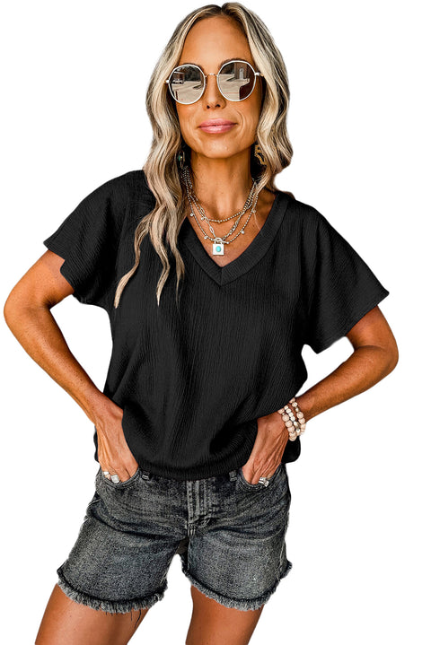 Black Crinkled V Neck Wide Sleeve T-shirt