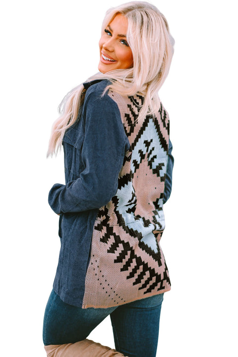 Blue Corduroy Cinched Aztec Back Jacket