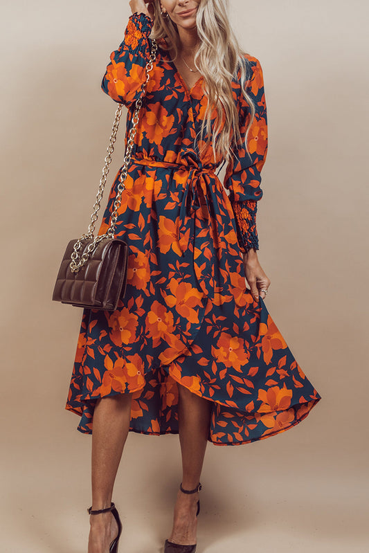 Orange Floral Print Faux Wrap Belted Dress