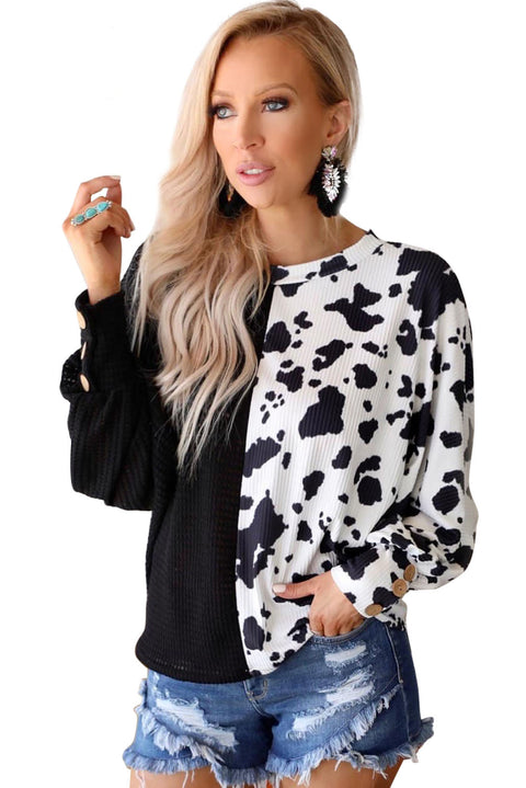 Cow Patchwork Waffle Knit Long Sleeve Top