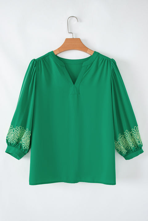 Green Contrast Floral Embroidered 3/4 Sleeve Notched V Neck Elegant Blouse