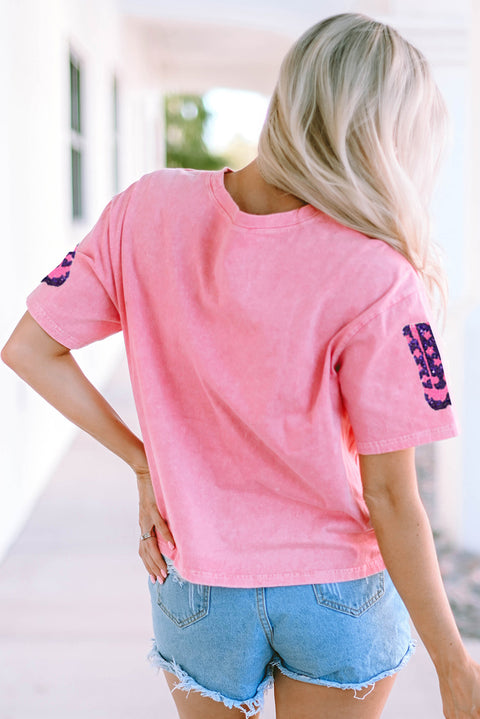 Pink Western Boots Sequin Patchwork Crew Neck T Shirt