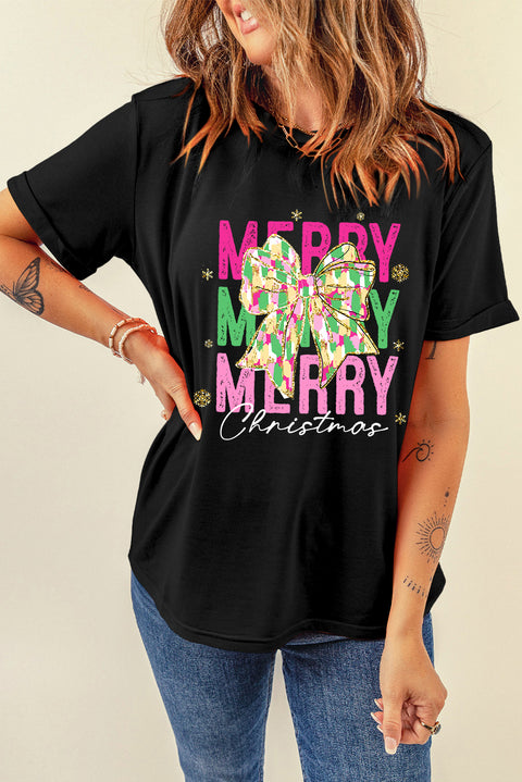 Black Merry Christmas Brushwork Bow Printed T Shirt