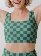 Green Checkered Print Square Neck Cropped Swim Top