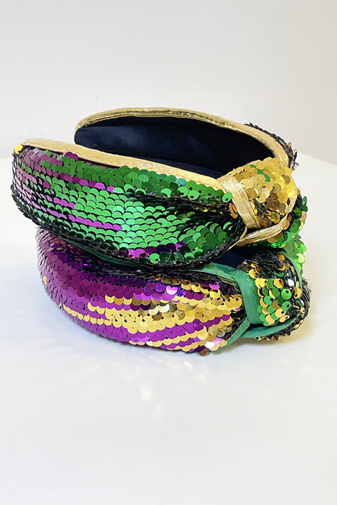 Gold Mardi Gras Sequined Knotted Wide Headband (Sequins Randomly Placed)