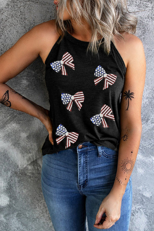 Black Sequined Flag Bowknot Fashion Tank Top