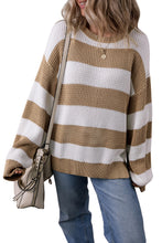 Light French Beige Colorblock Striped Drop Shoulder Side Slit Sweater