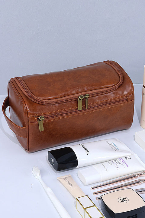 Chestnut PU Leather Multifunctional Handle Large Makeup Bag