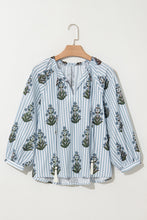 Beau Blue Striped Floral Printed Long Sleeve Tied V Neck Blouse