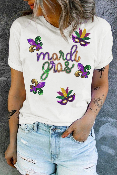 White Sequin Mardi Gras Pattern Graphic Crew Neck Tee