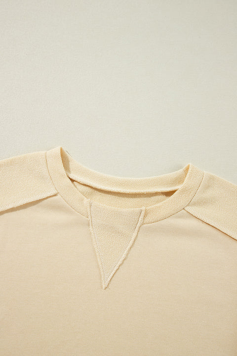 Beige Splicing Round Neck Pullover Sweatshirt