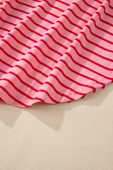 Strawberry Pink Striped 3/4 Sleeve Round Hem Shift T Shirt Dress