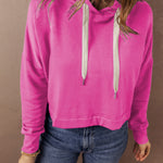 Sachet Pink Solid Drop Shoulder Drawstring Cropped Hoodie