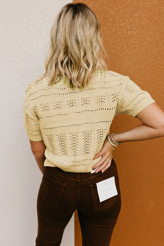 Beige Knitted Hollow out Short Sleeve Crop Sweater