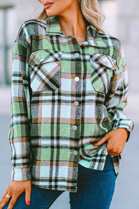 Green Geometric Plaid Print Pocketed Shacket