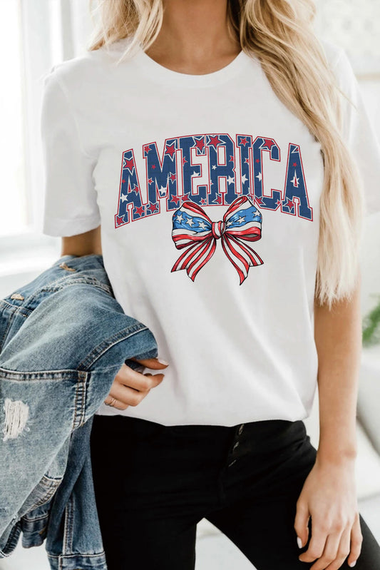 White AMERICA Flag Bow Knot Print Round Neck Top