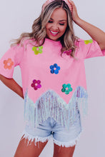 Pink Sequined Flower Tasseled Crew Neck Graphic Tee